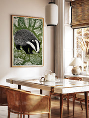 Green linocut style badger print amidst white ferns on a dark green background, woodland animal wall art. - Image 3