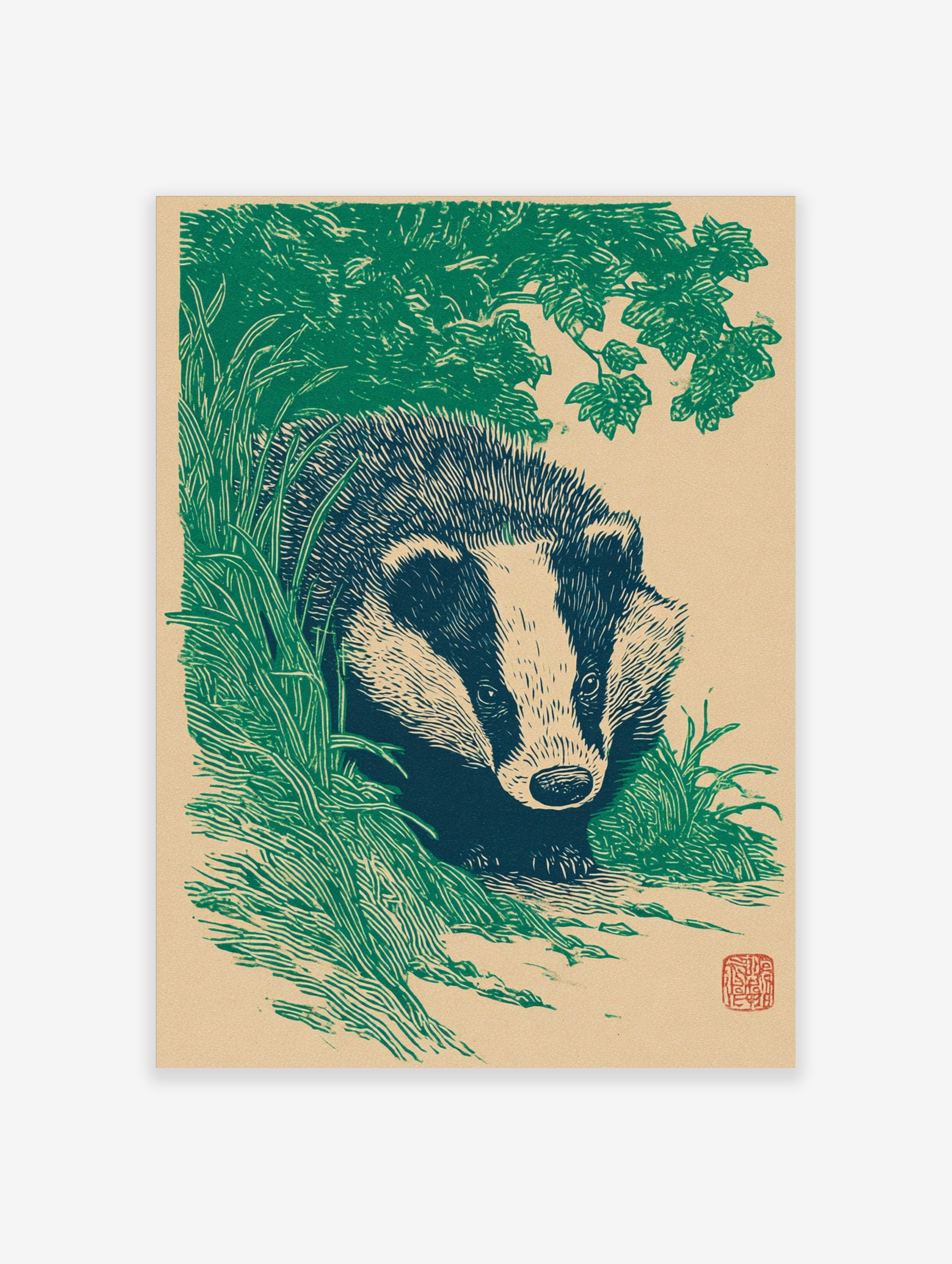 Illustrative green and beige badger animal art print emerging from foliage in a woodcut style