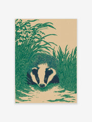 Illustrative badger with striped face peeking through tall green grass on a beige background
