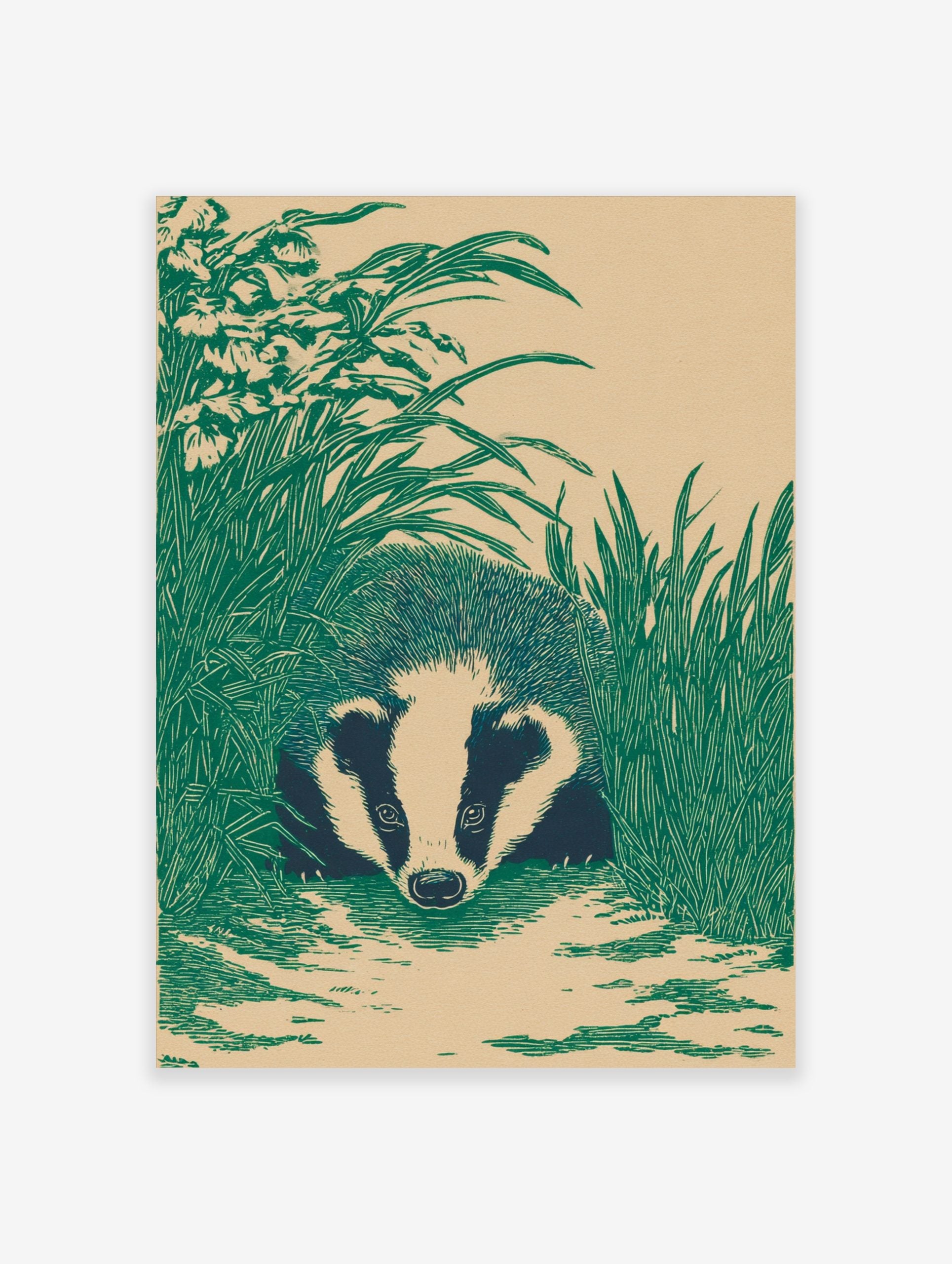 Illustrative badger with striped face peering from green grass and flowers on a beige background