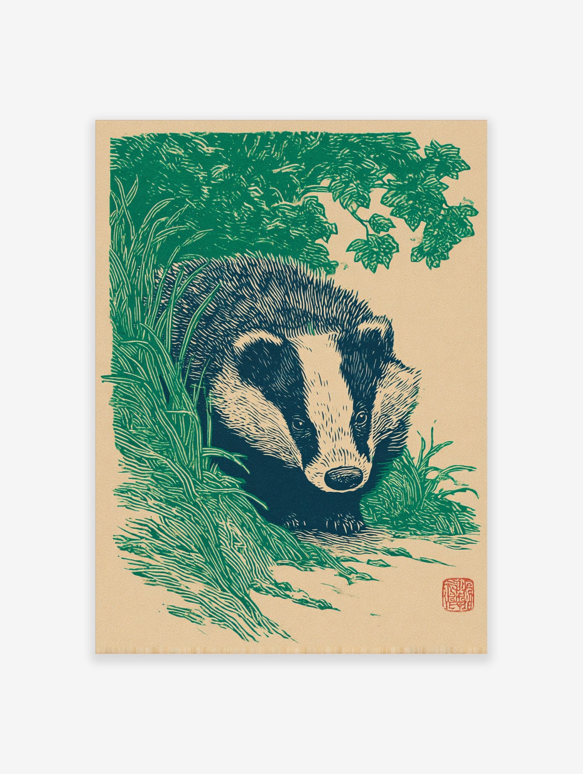 Illustrative badger wall art print with green foliage and dark blue badger in linocut style