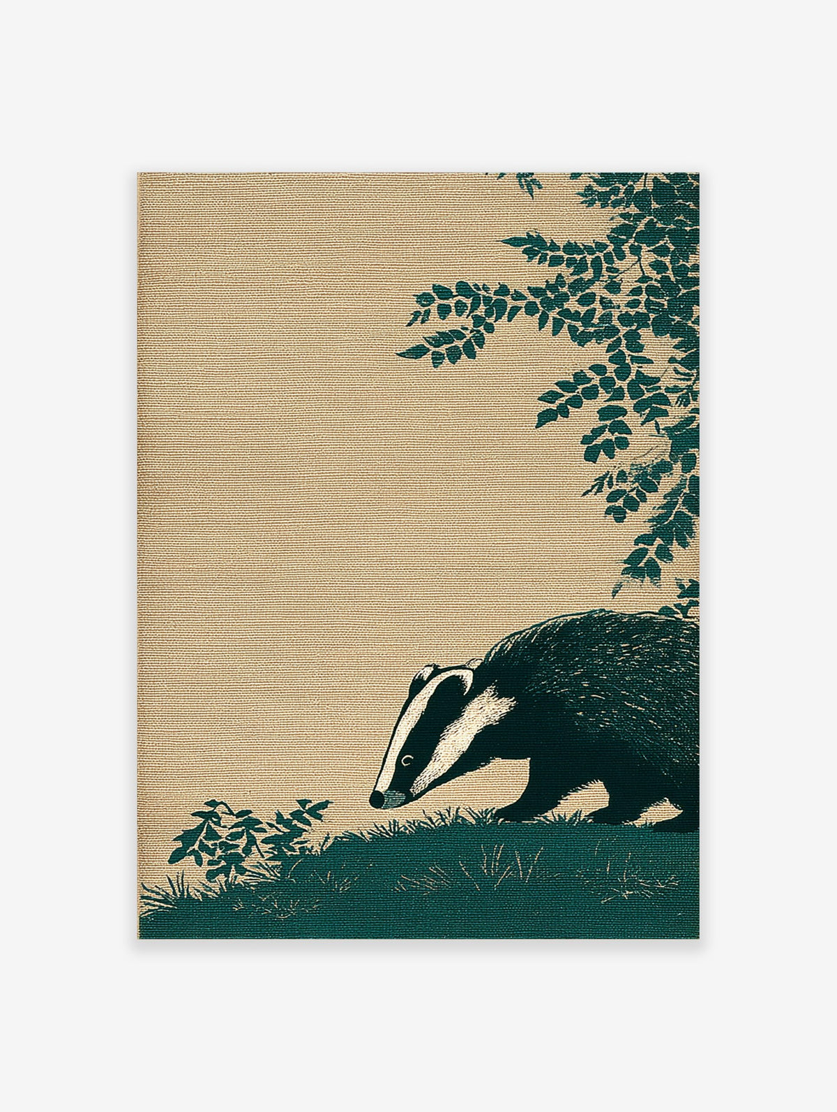 Illustrative dark teal badger with white stripes sniffing grass, textured beige background, and green leaves
