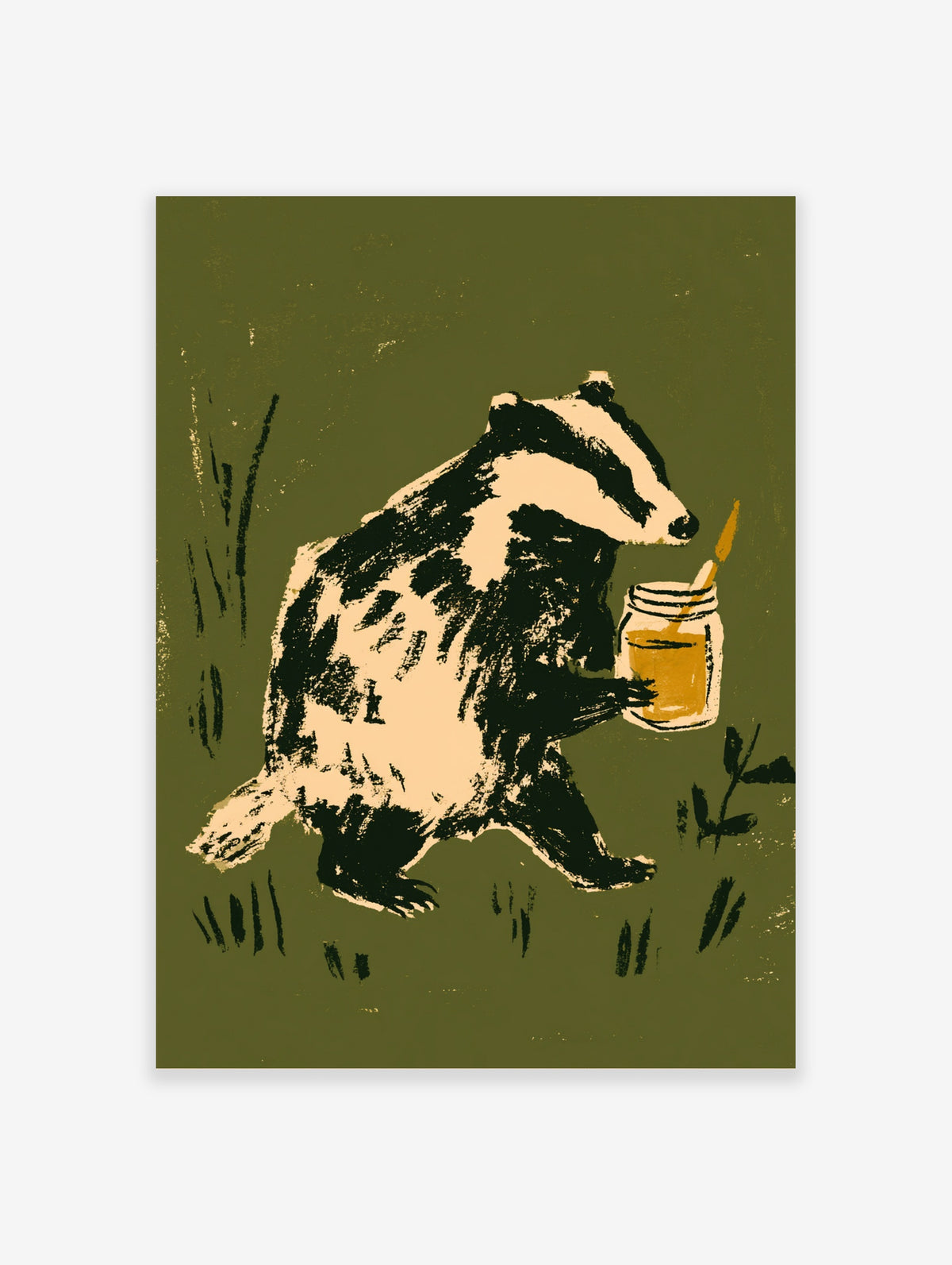 Badger holding a honey jar with dipper, black cream and mustard on olive green, animal poster