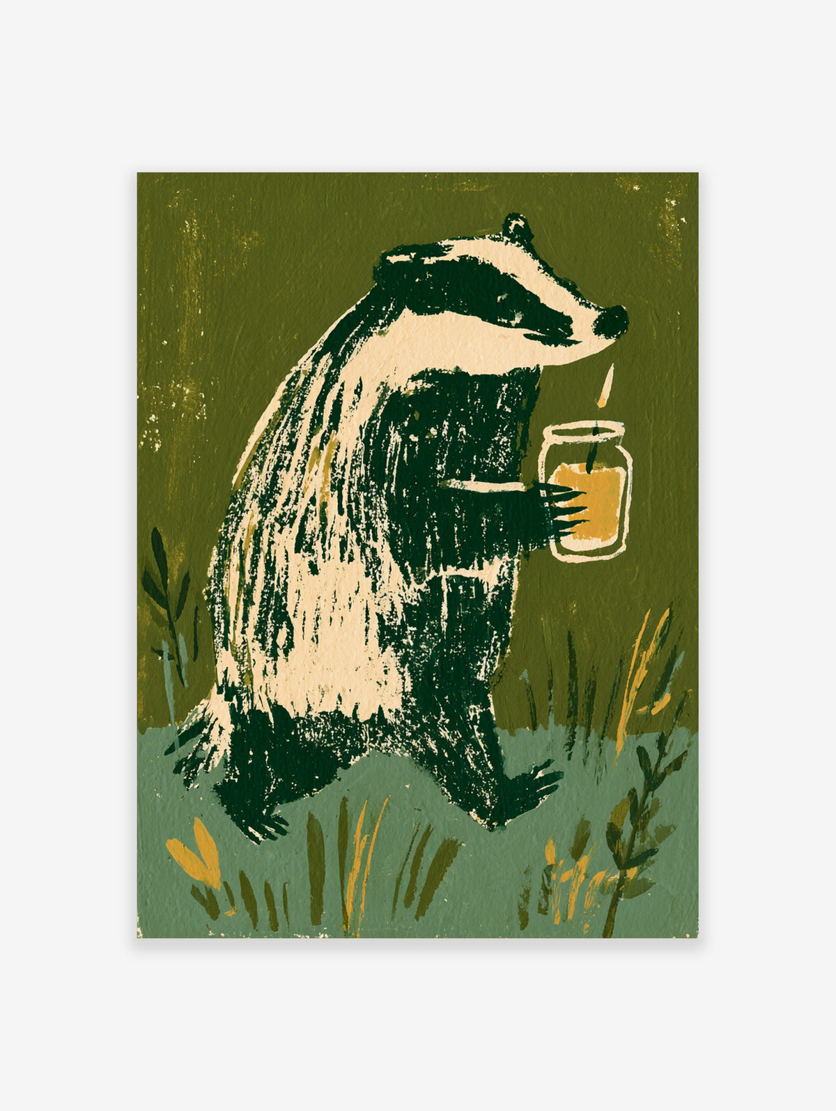 Badger holding a honey jar art print with green and cream brushstrokes