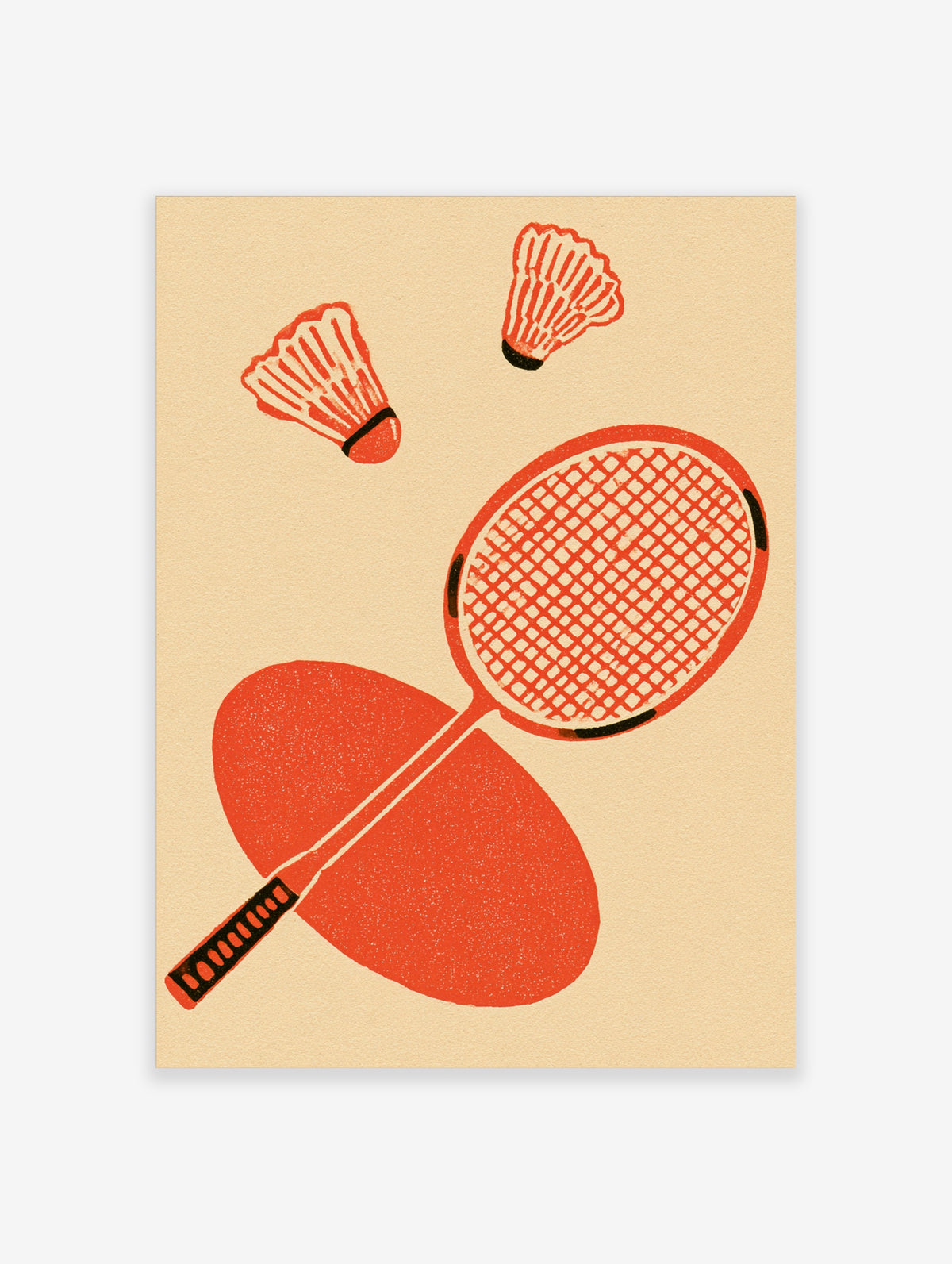 Retro badminton racket and two shuttlecocks art print in orange and cream on a textured background