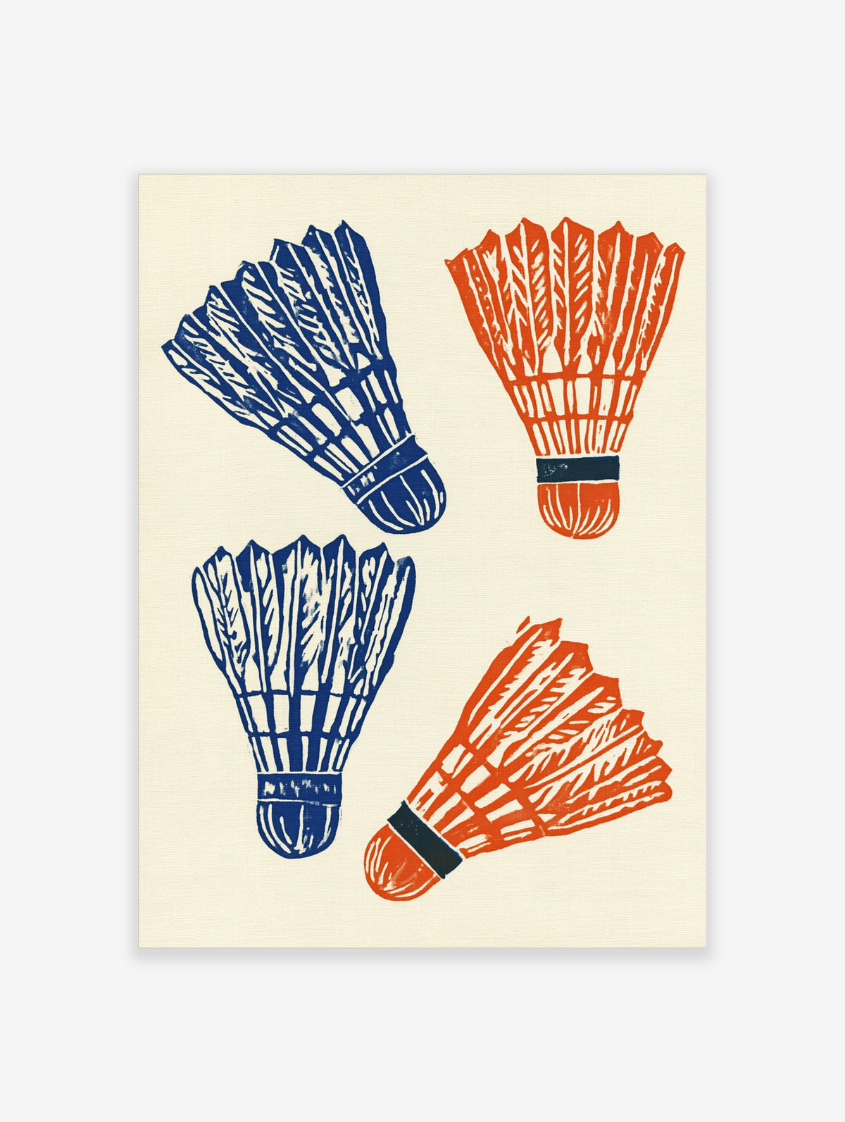 Four badminton shuttlecocks in navy blue and orange with black bands on a neutral background