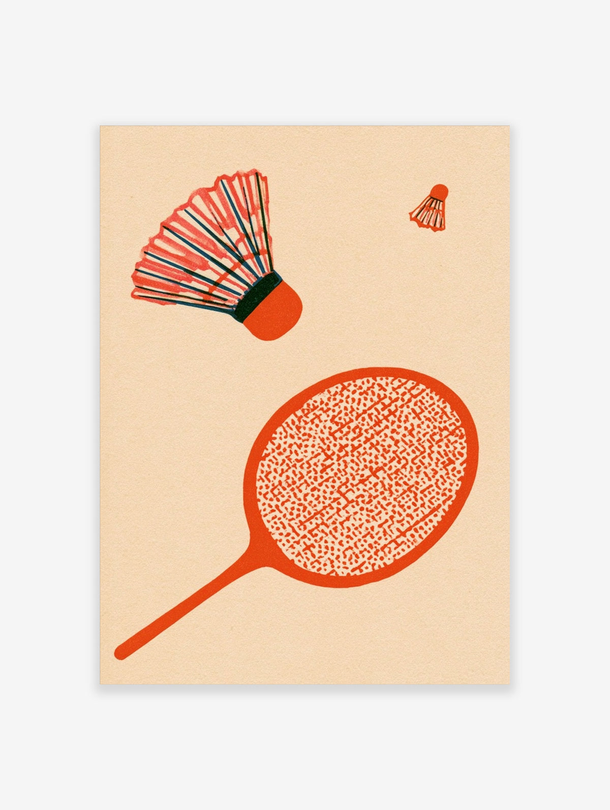 Retro badminton art print with orange racket and shuttlecocks on beige background