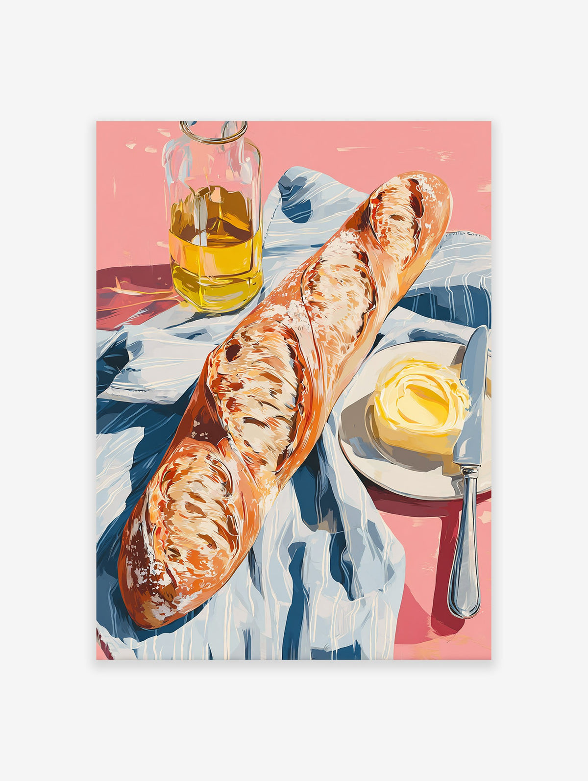 A poster depicting a still life of a baguette, a pat of butter with a knife on a plate, and a bottle of olive oil on a pink surface with a blue and white striped cloth.