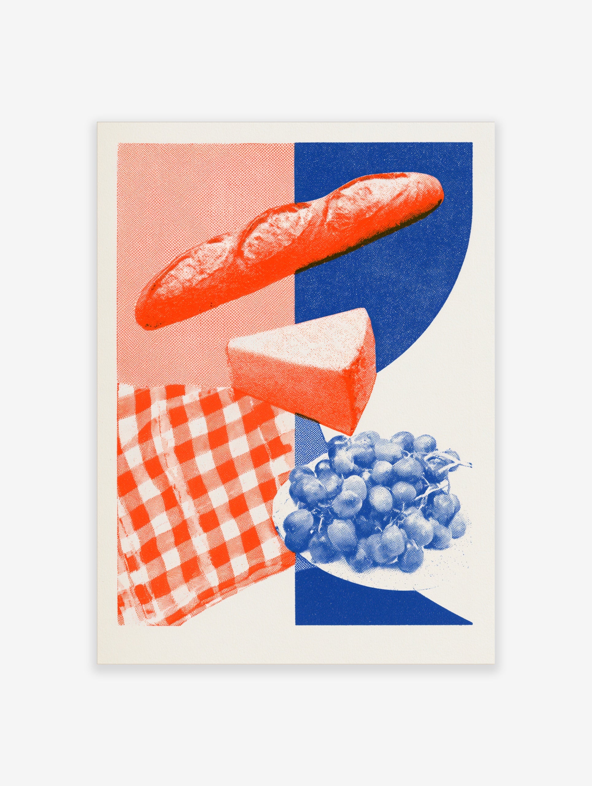 Graphic food illustration of a baguette, cheese and grapes with a red gingham and blue background