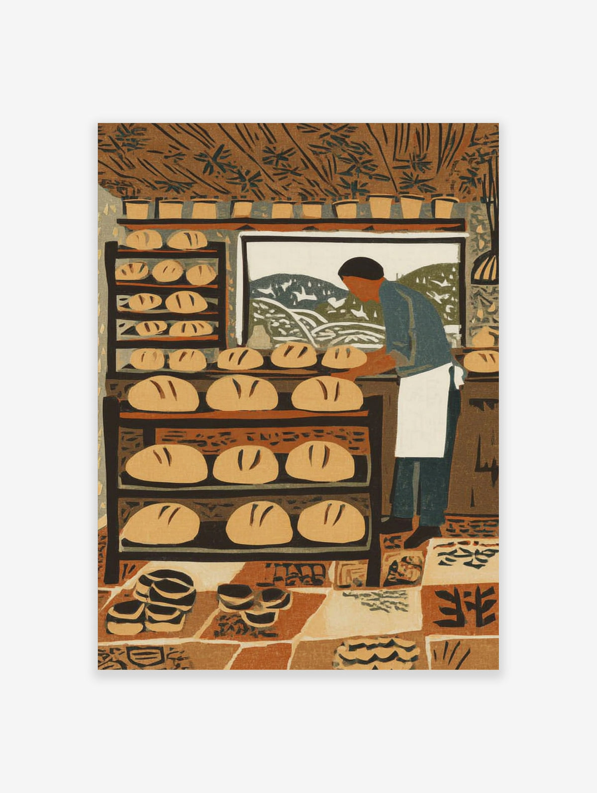 Bakery wall art print of a baker arranging loaves on shelves, with tiled floor and mountain window view