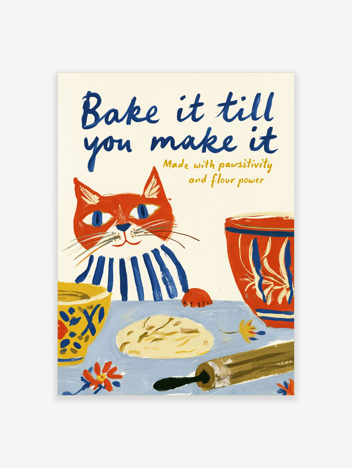 Red and white cat in blue striped apron baking dough with rolling pin, blue text 'Bake it till you make it' on cream