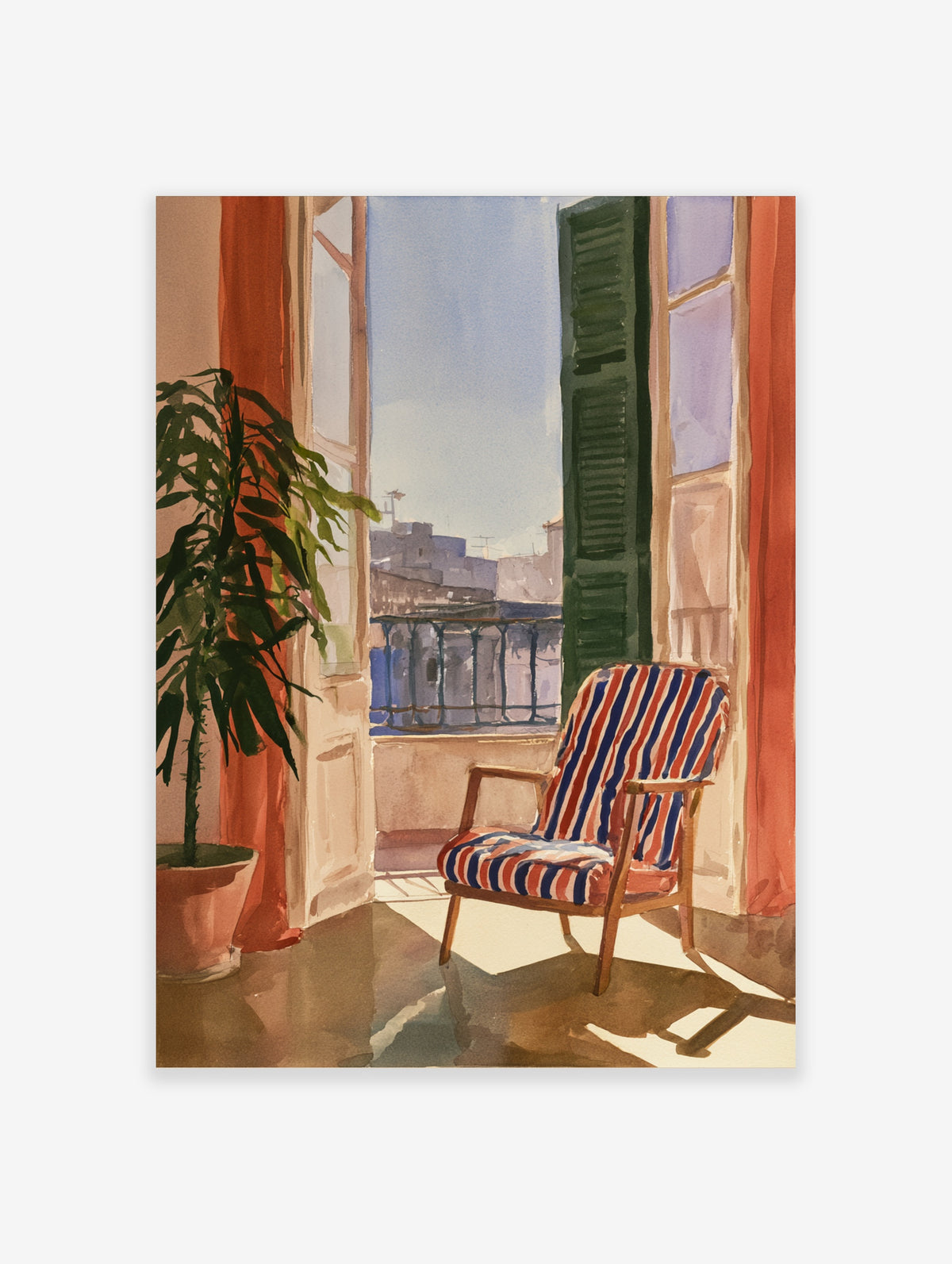 Watercolour painting of a balcony with a striped armchair, open shutter, potted plant, and city buildings in the background