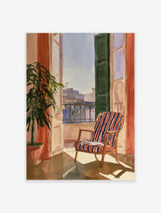 Watercolour painting of a balcony with a striped armchair, open shutter, potted plant, and city buildings in the background