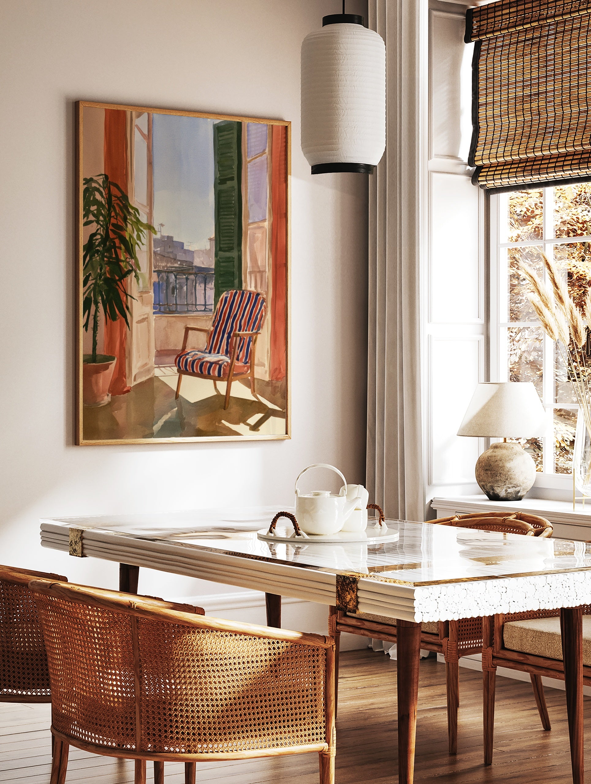 Watercolour painting of a balcony with a striped armchair, open shutter, potted plant, and city, in a styled room mockup