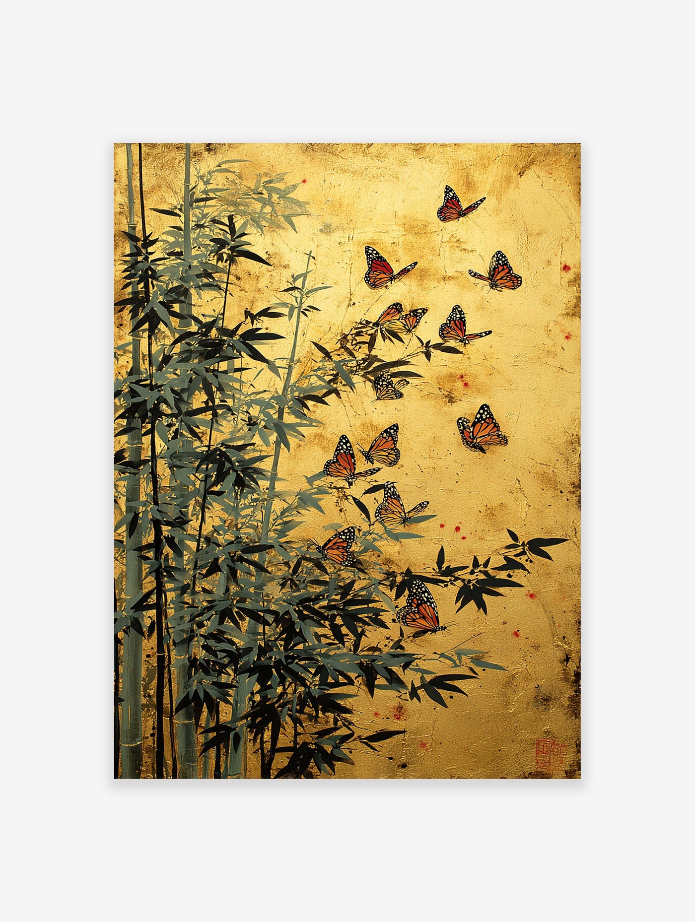 Asian-style bamboo and monarch butterfly wall art print on a textured gold background, featuring dark green leaves.