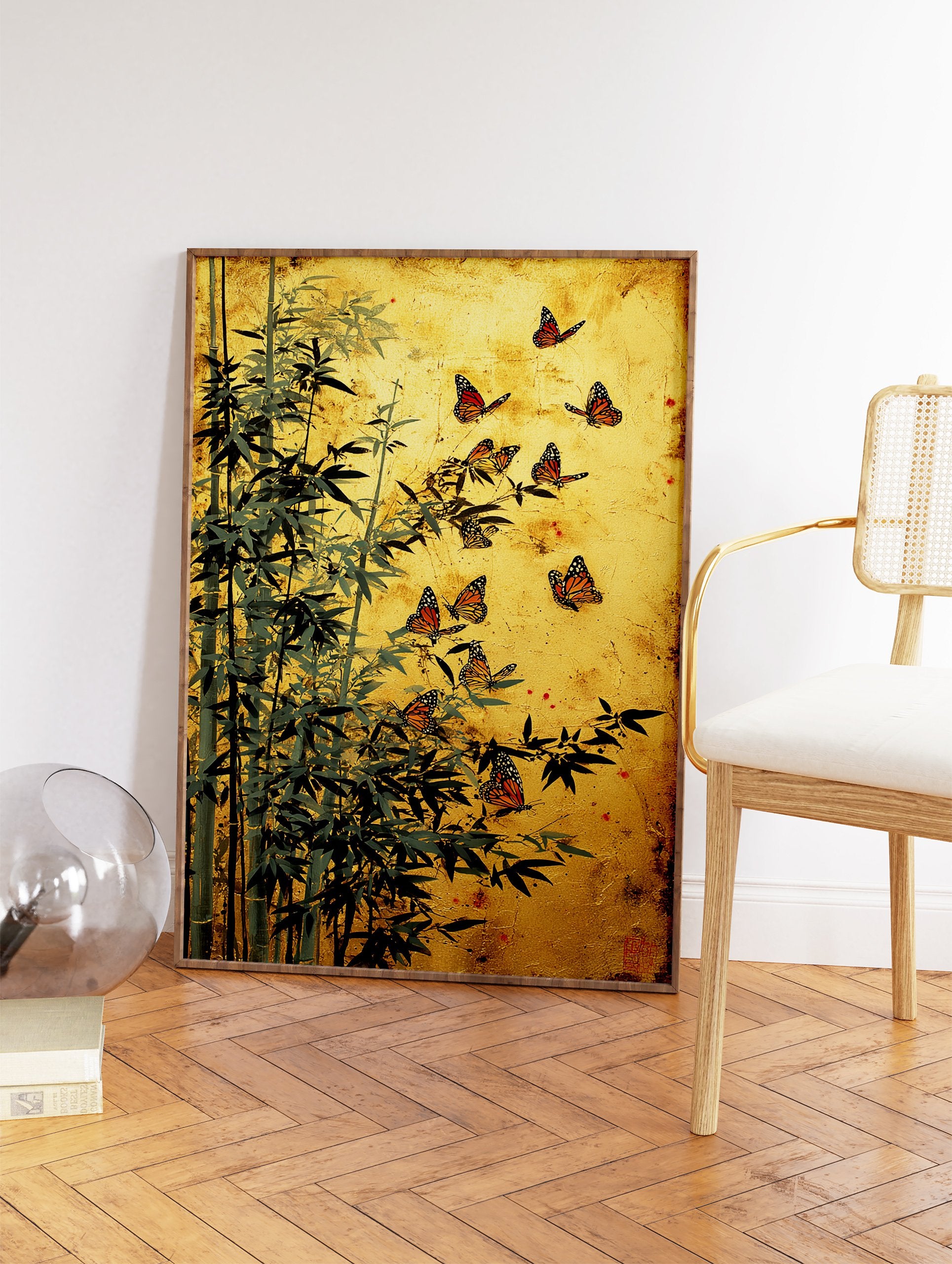 Asian-style bamboo and monarch butterfly wall art print on a textured gold background, featuring dark green leaves. - Image 2