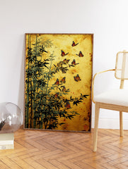 Asian-style bamboo and monarch butterfly wall art print on a textured gold background, featuring dark green leaves. - Image 2