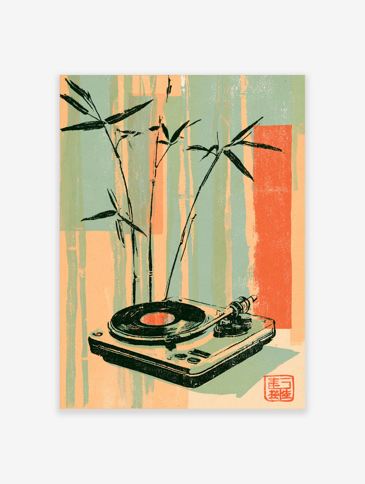 Bamboo stalks behind a turntable with vinyl record, retro Japanese style poster