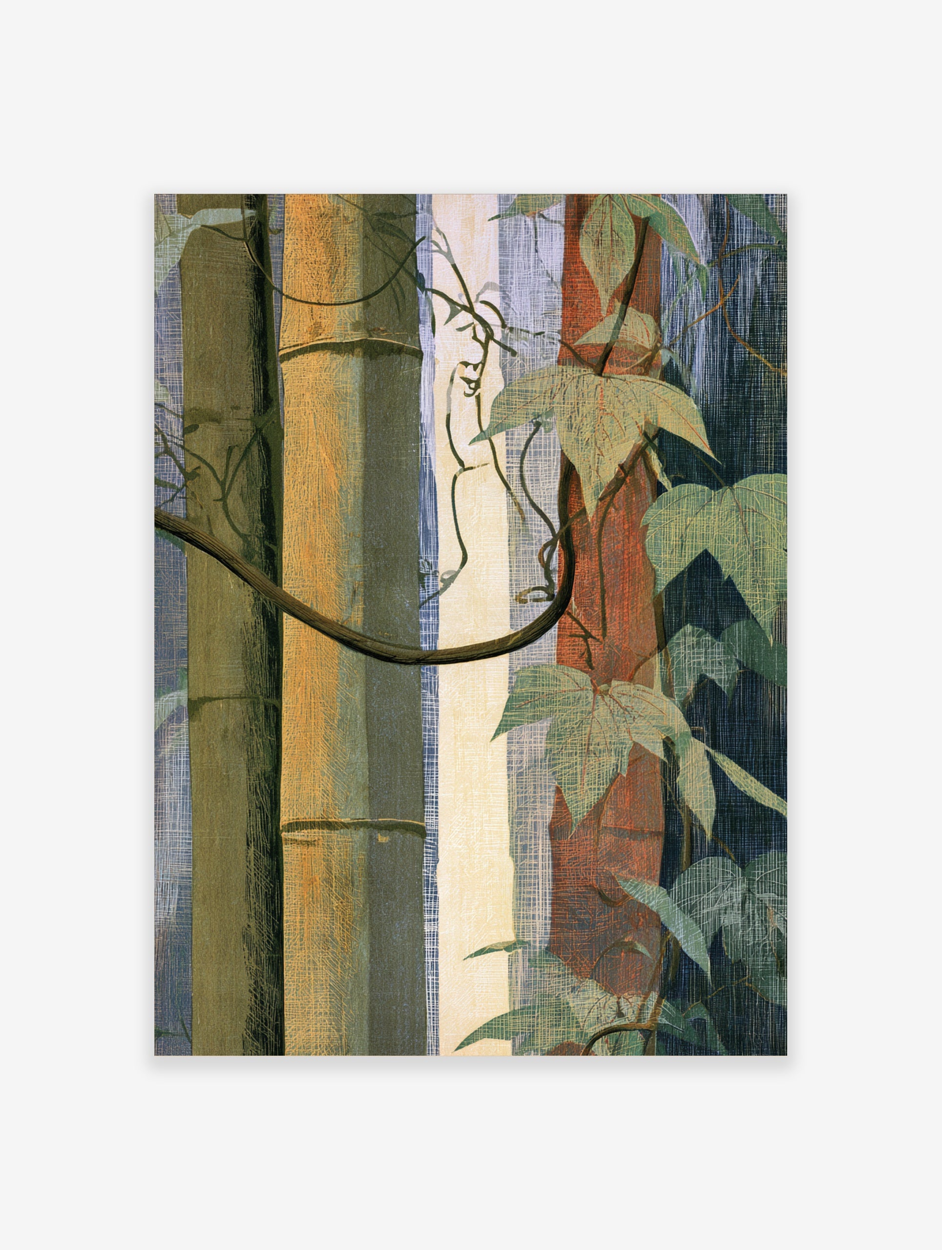 Botanical wall art print featuring segmented bamboo stalks, green ivy leaves, and organic vines on a textured background