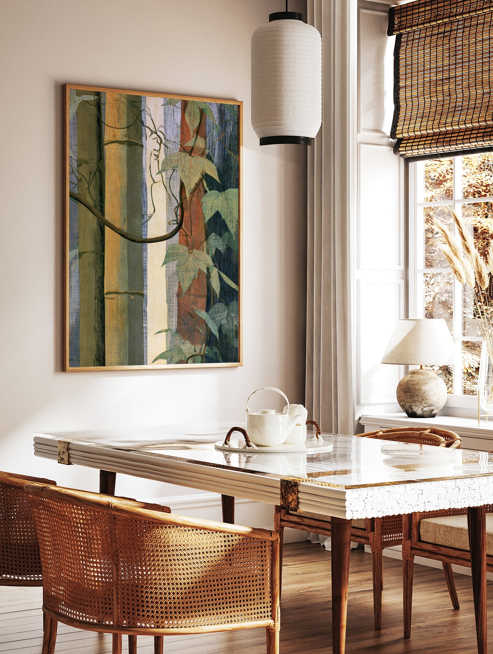Botanical wall art print featuring segmented bamboo stalks, green ivy leaves, and organic vines on, in a styled room mockup
