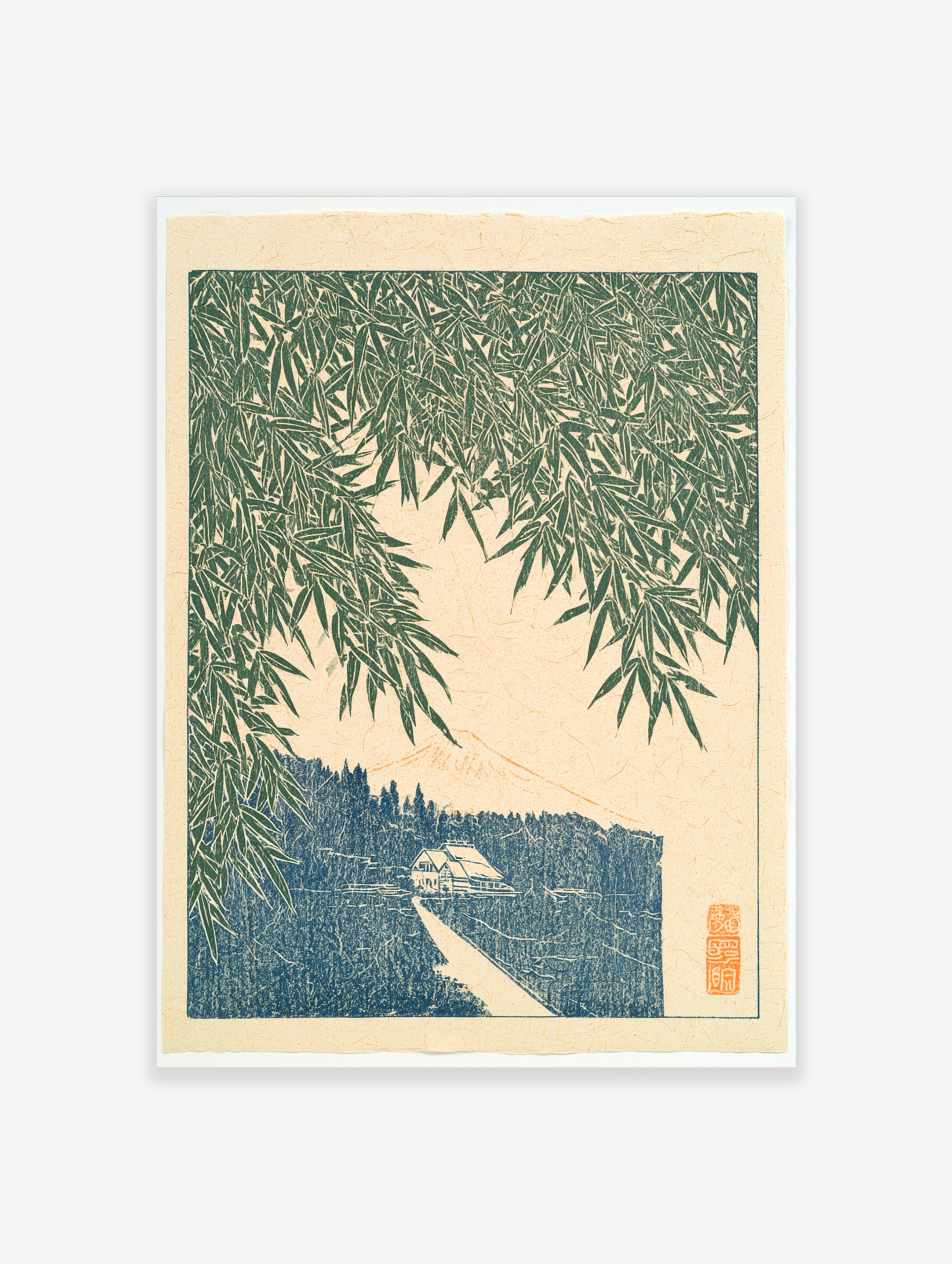 Japanese-style art print showing bamboo leaves over a path, a small house, and a mountain peak in blue and green tones