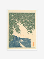 Japanese-style art print showing bamboo leaves over a path, a small house, and a mountain peak in blue and green tones