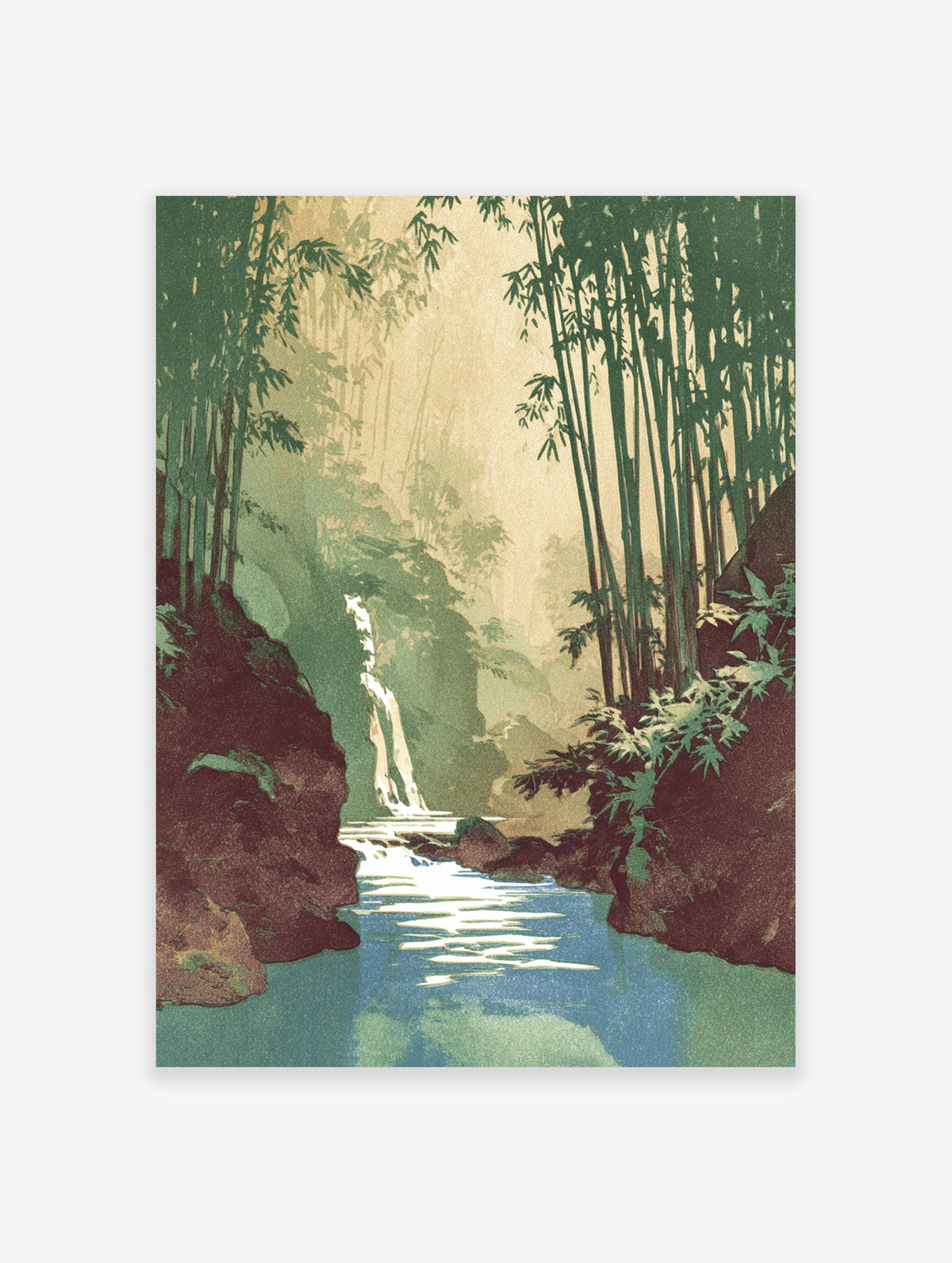 Illustrated landscape print of a serene bamboo forest with a waterfall and river. Green and earthy tones.