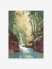 Illustrated landscape print of a serene bamboo forest with a waterfall and river. Green and earthy tones.