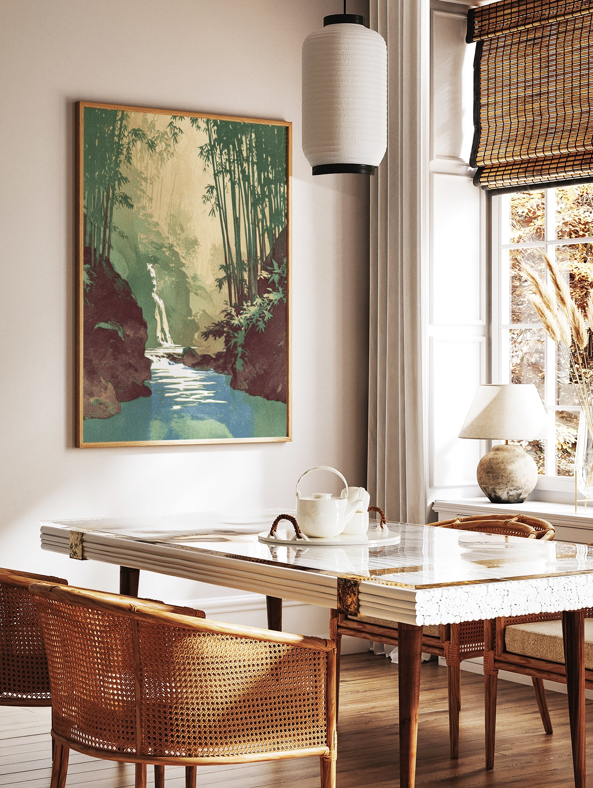 Illustrated landscape print of a serene bamboo forest with a waterfall and river. Green and earthy tones. - Image 2