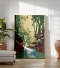Illustrated landscape print of a serene bamboo forest with a waterfall and river. Green and earthy tones. - Image 3