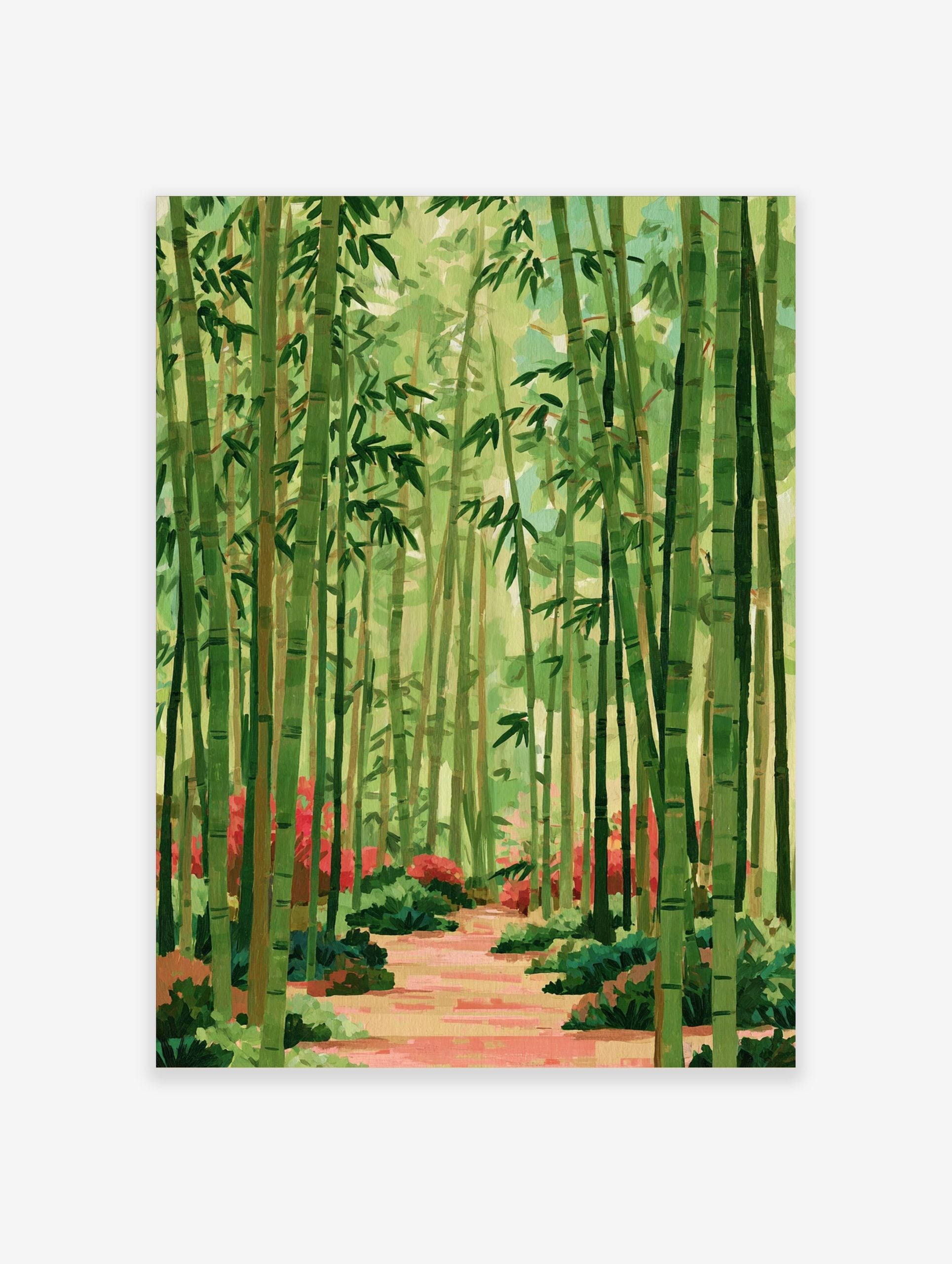 Illustrative green bamboo forest with a reddish pathway and red flowers