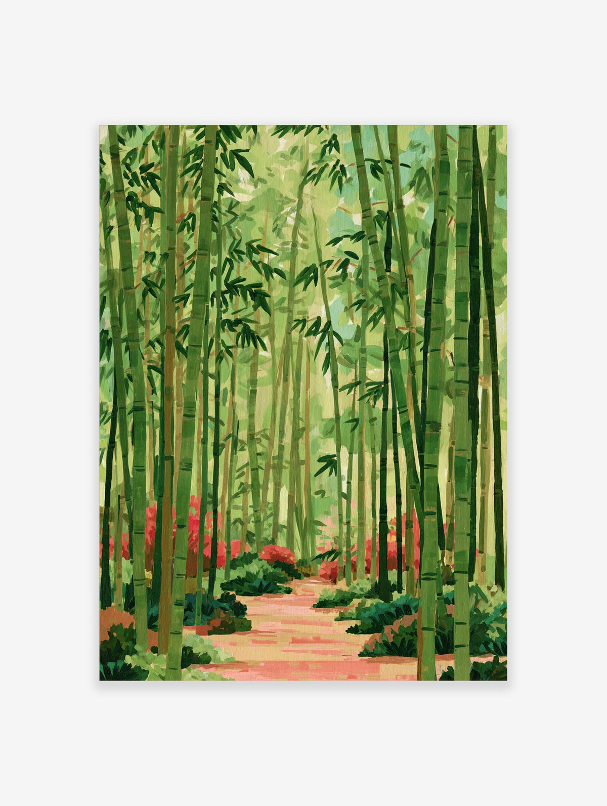 Illustrative green bamboo forest with a reddish pathway and red flowers