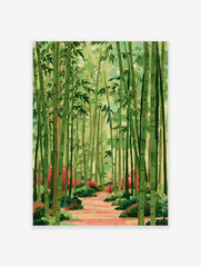 Illustrative green bamboo forest with a reddish pathway and red flowers