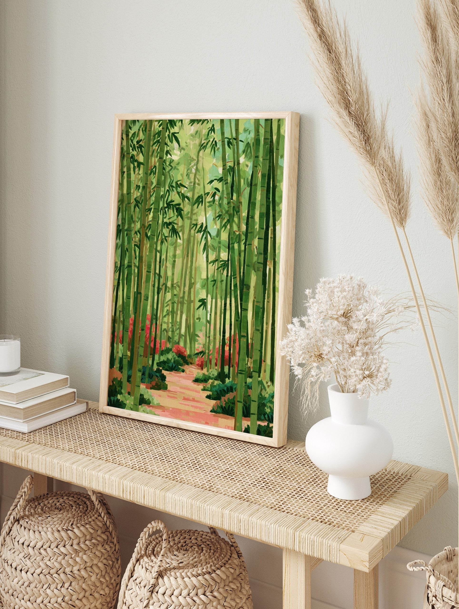 Illustrative green bamboo forest with a reddish pathway and red flowers, in an alternate framed mockup