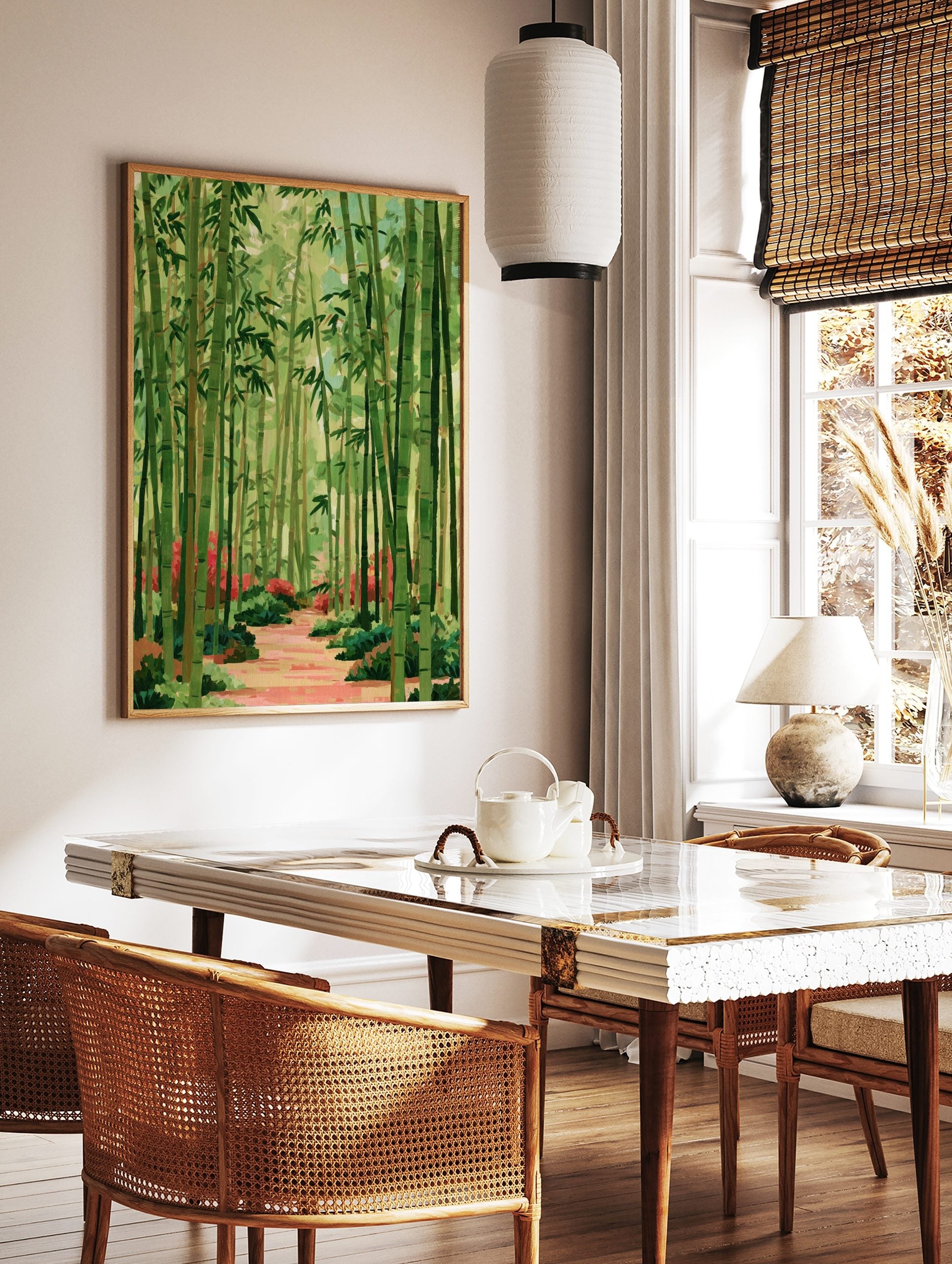 Illustrative green bamboo forest with a reddish pathway and red flowers, in a styled room mockup