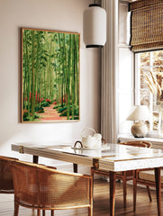Illustrative green bamboo forest with a reddish pathway and red flowers, in a styled room mockup