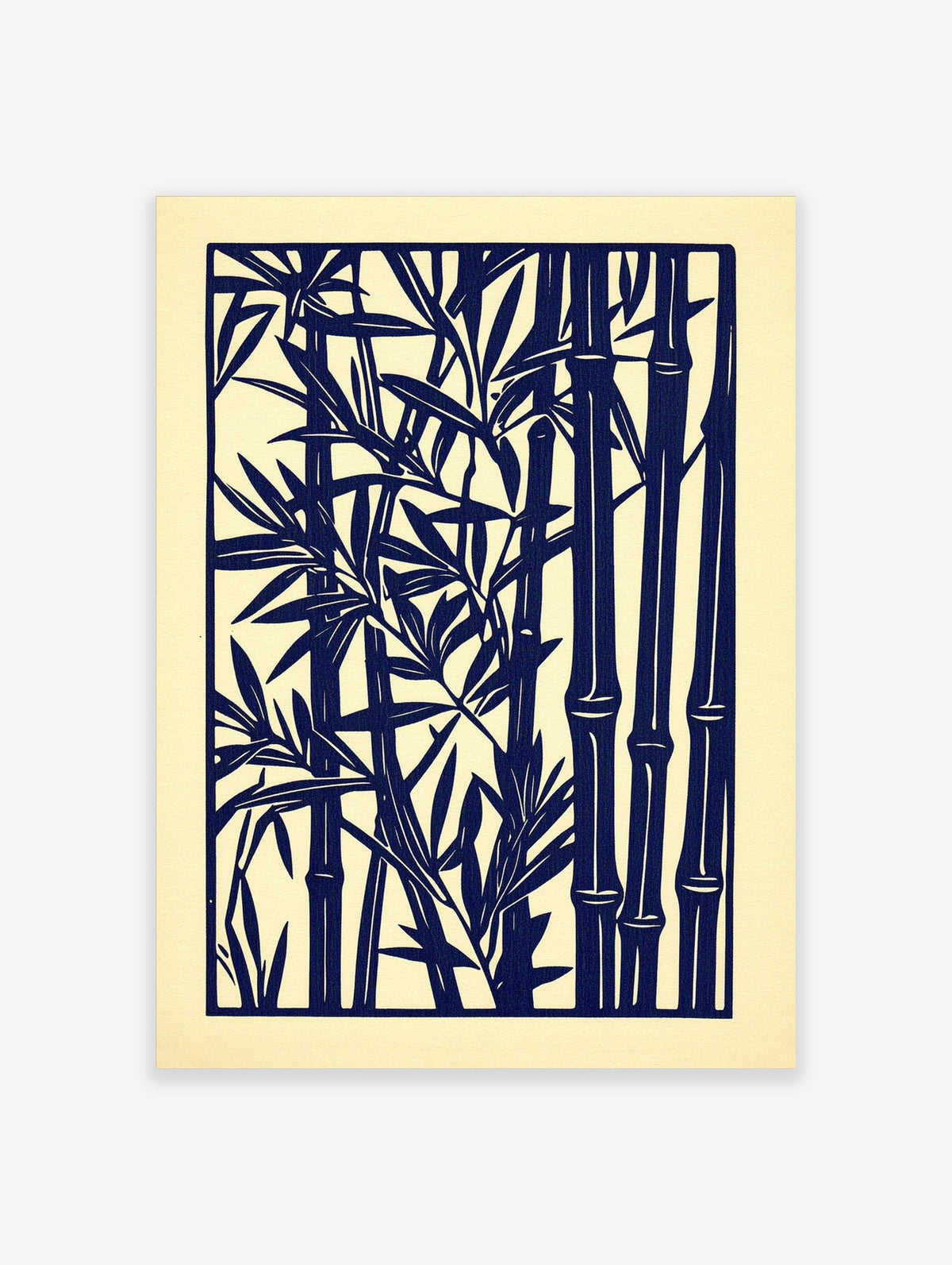 Navy blue stylised bamboo stalks and leaves art print on a light cream background, in a dense forest composition