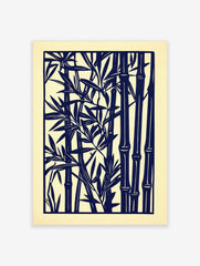 Navy blue stylised bamboo stalks and leaves art print on a light cream background, in a dense forest composition