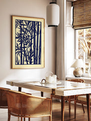 Navy blue stylised bamboo stalks and leaves art print on a light cream background, in a dense, in a styled room mockup