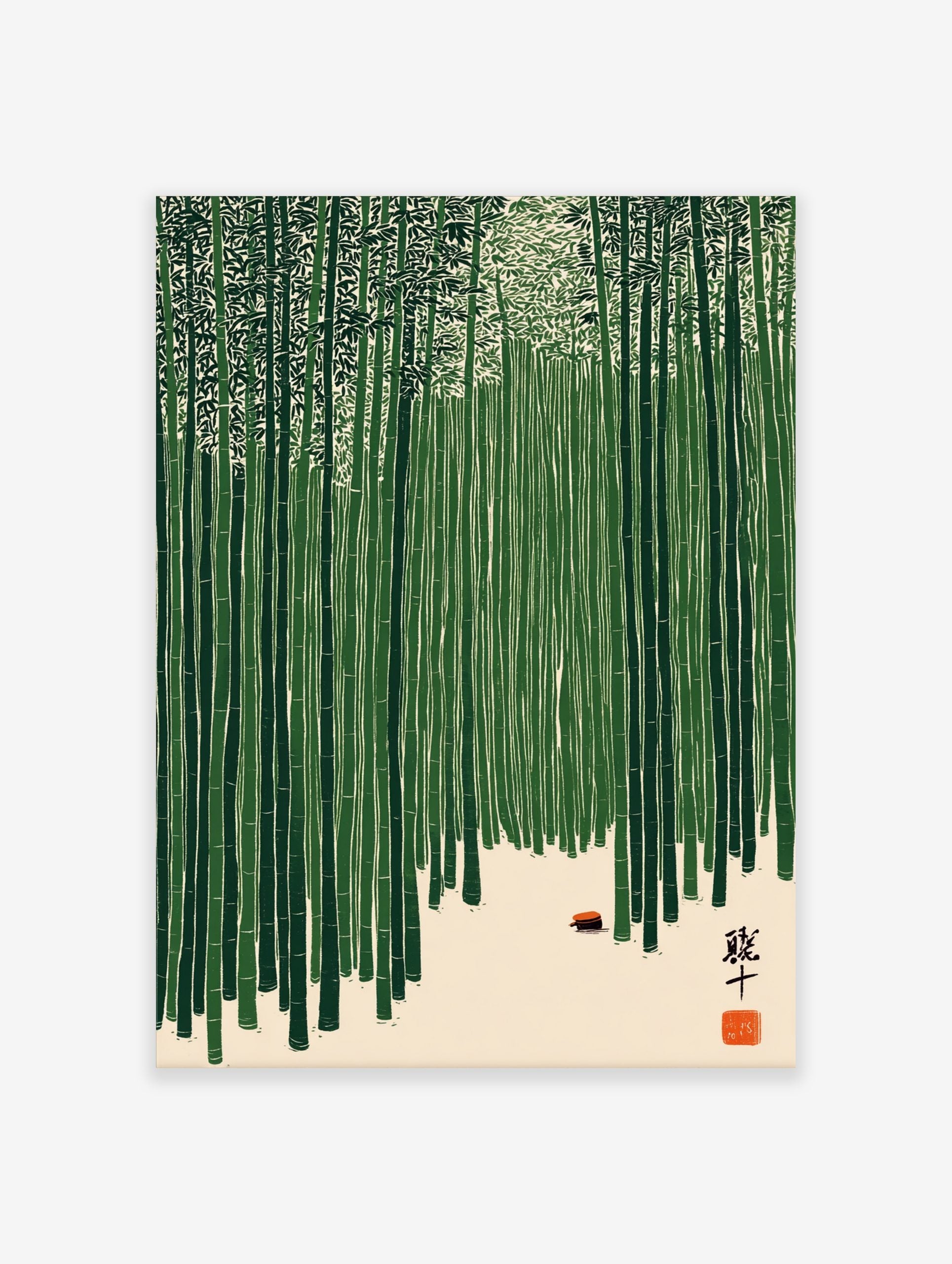 Illustrative bamboo forest wall art with green stalks, light ground, small red object, and Japanese Kanji