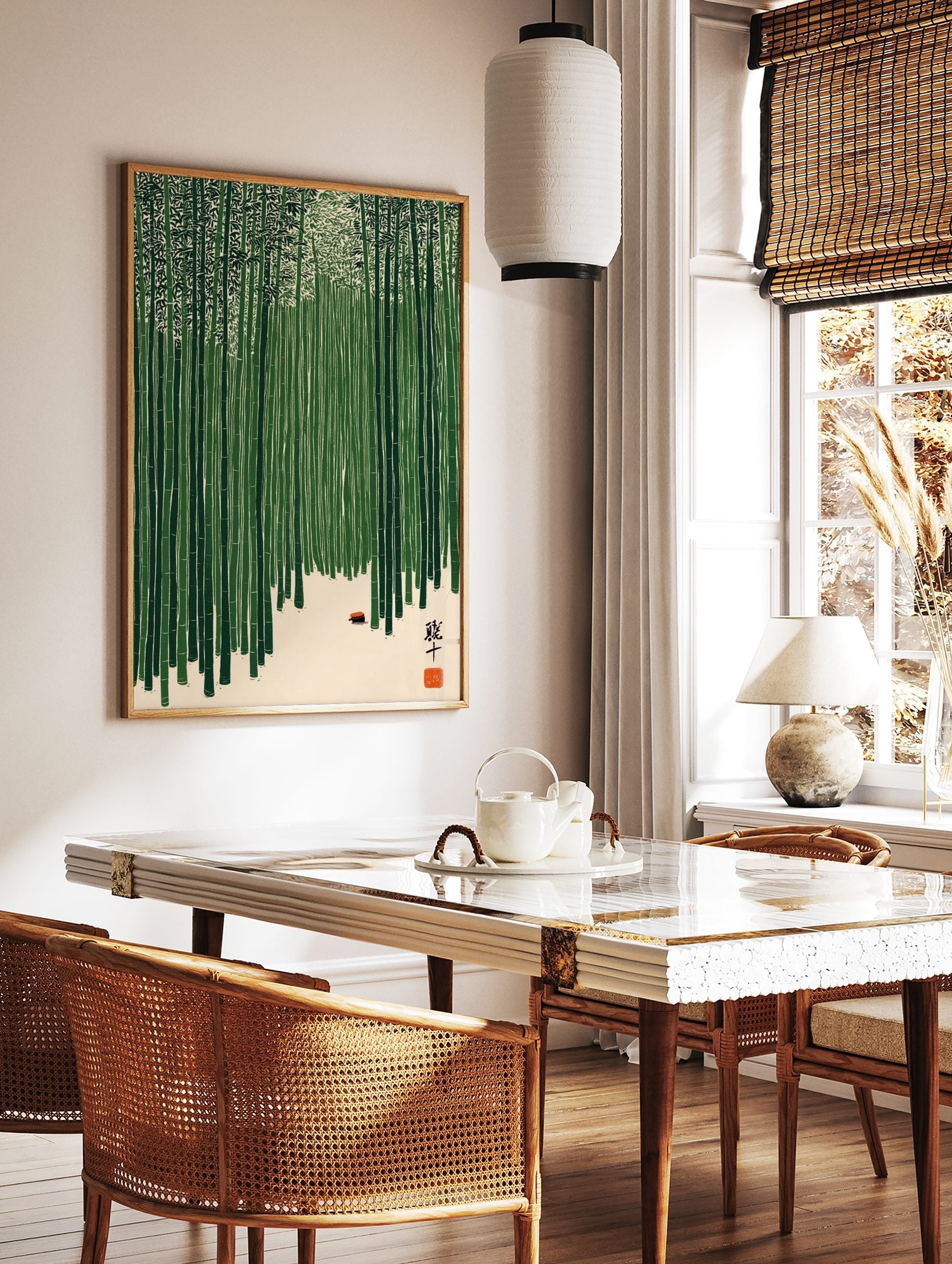Illustrative bamboo forest wall art with green stalks, light ground, small red object, and Japanese, in a styled room mockup