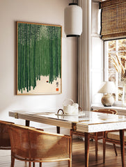 Illustrative bamboo forest wall art with green stalks, light ground, small red object, and Japanese, in a styled room mockup