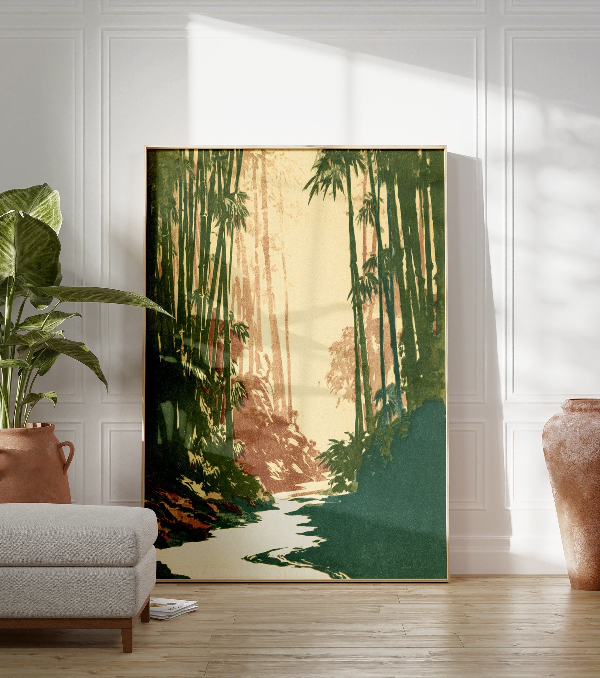 Japanese woodblock style art print of a serene bamboo forest with a winding river and earthy tones. - Image 3