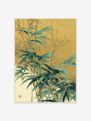 Illustrative bamboo leaves and stalks in green and gold against a muted warm background, botanical print