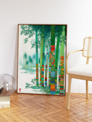 Vibrant green bamboo wall art with colorful patterned stalks and lush leaves in a misty Asian-inspired forest scene. - Image 2