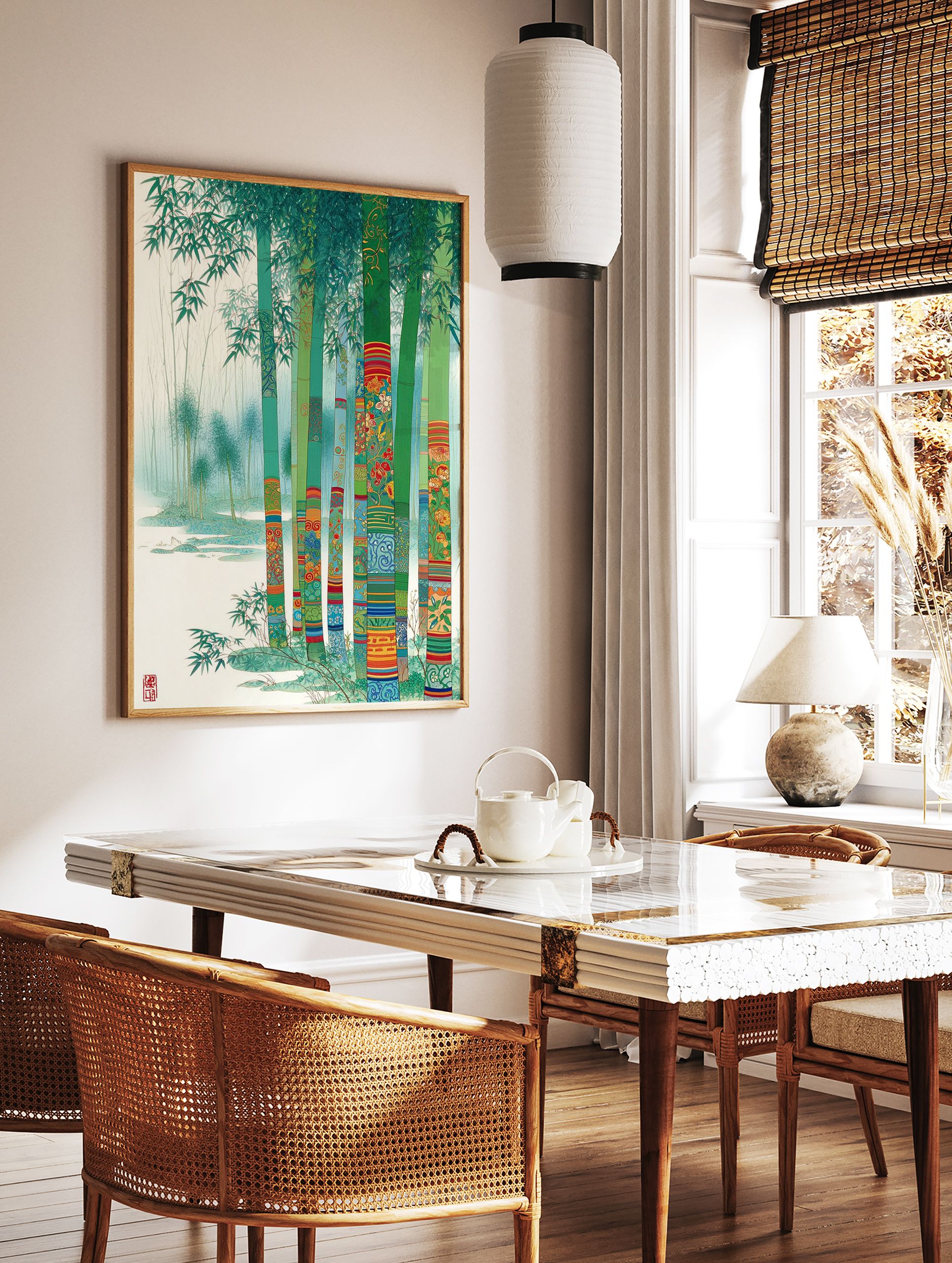 Vibrant green bamboo wall art with colorful patterned stalks and lush leaves in a misty Asian-inspired forest scene. - Image 3