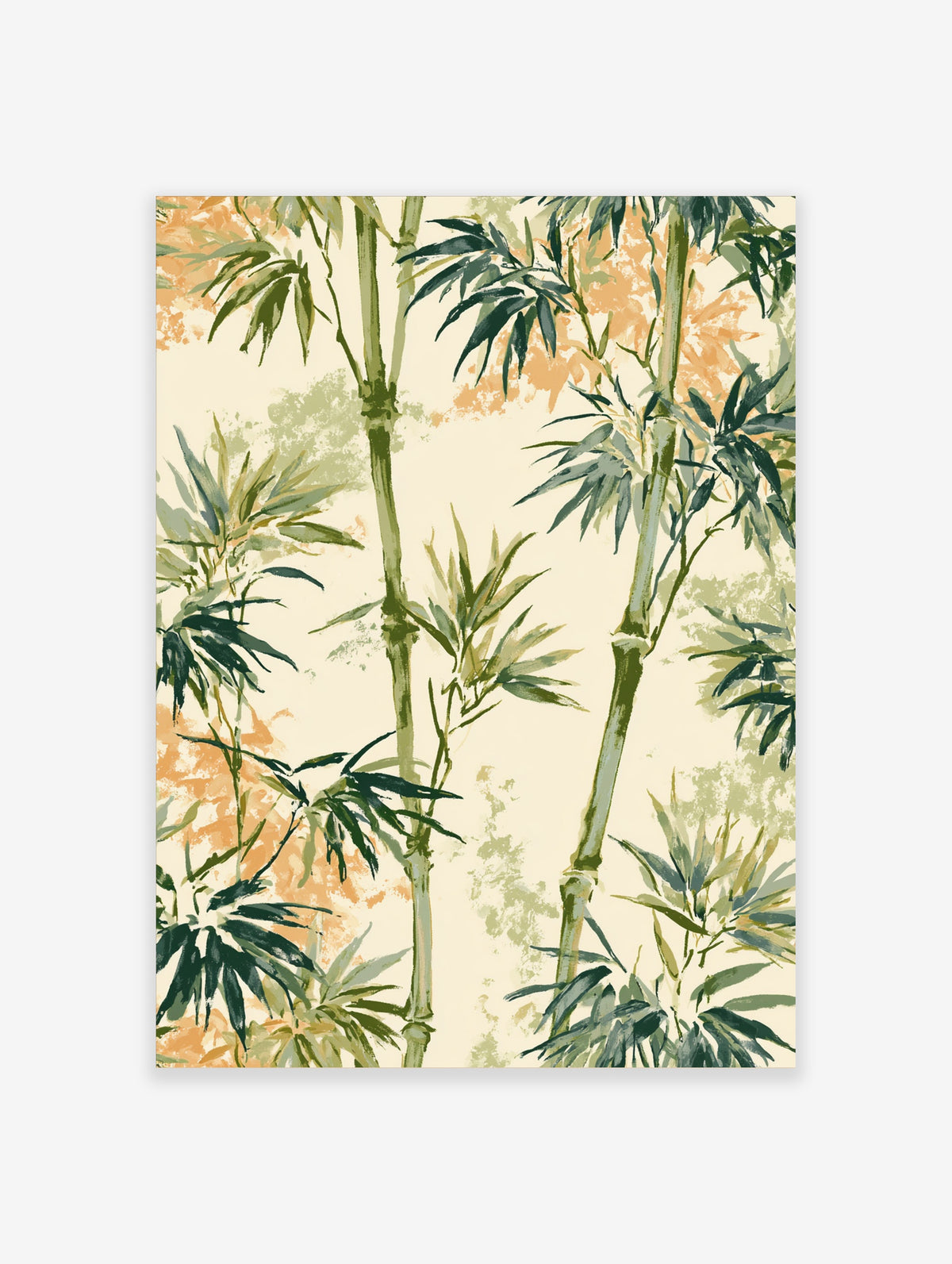 Bamboo stalks and leaves in green against a cream and peach background art print