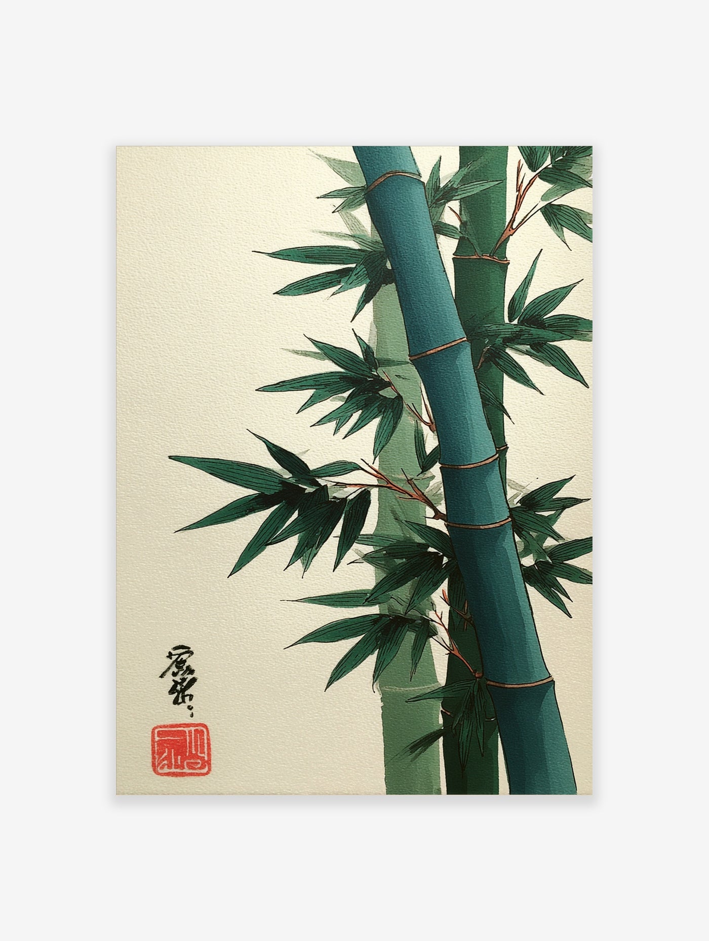 Bamboo stalks with green leaves and red seal, Japanese botanical illustration on cream background