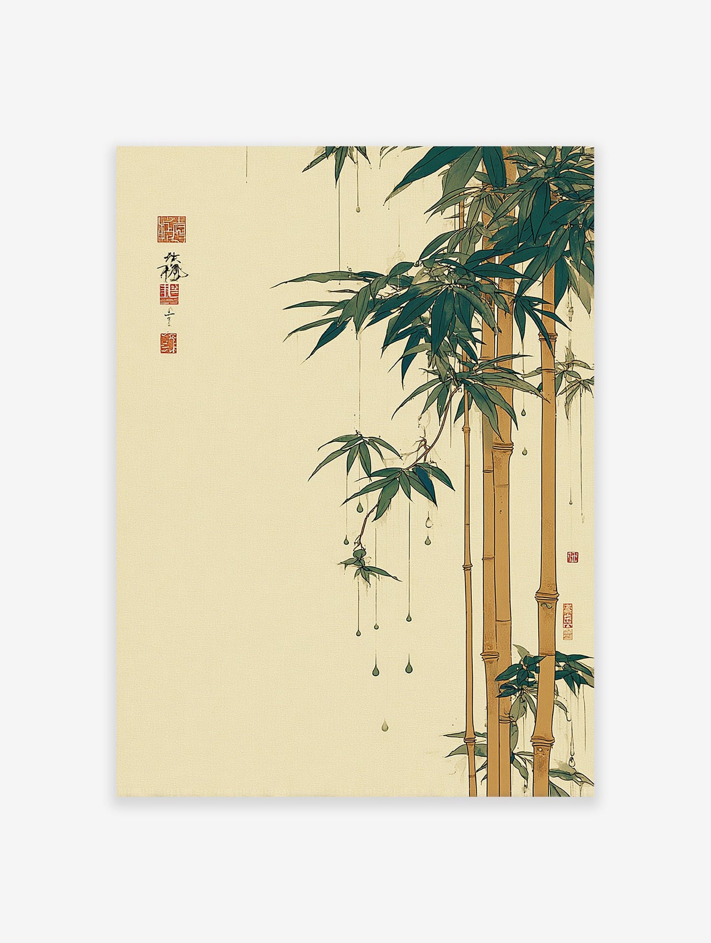 Traditional Japanese bamboo wall art print with green leaves, golden stalks, and hanging water droplets on a light background.