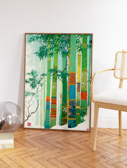 Stylized bamboo wall art print with vibrant green stalks, colorful patterns, and lush leaves in an Asian art style. - Image 2
